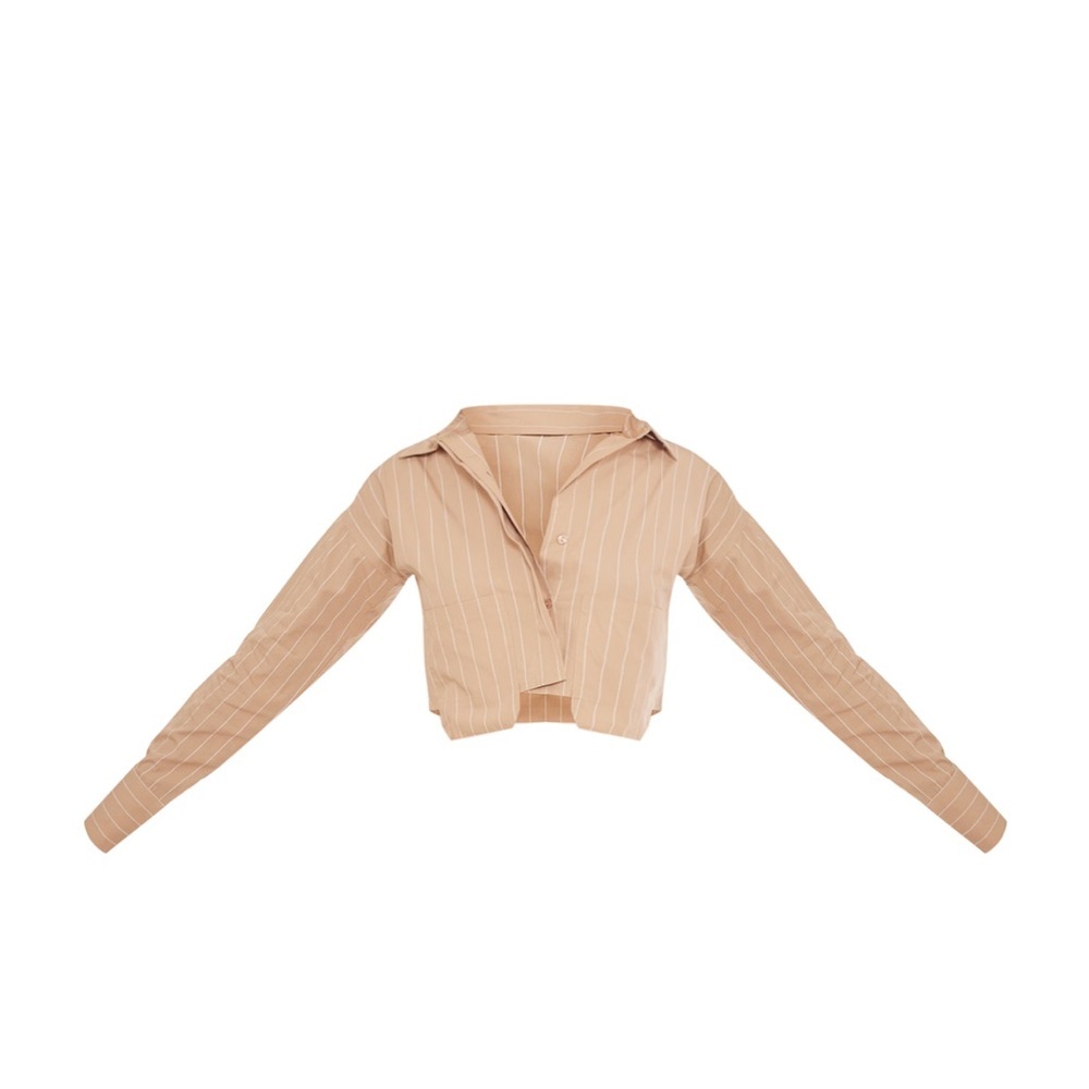 PrettyLittleThing•Stone Poplin Pinstripe Pocket Detail Cropped Shirt NWT 4 - Picture 3 of 3